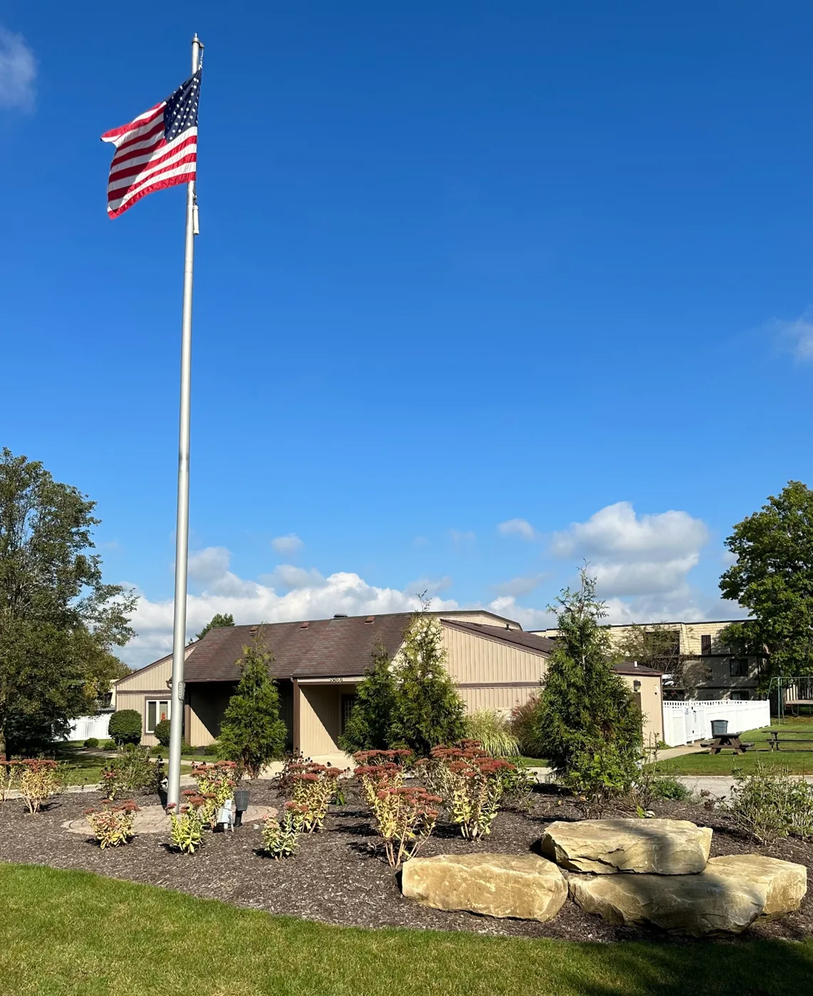 Clubhouse grounds and American flag